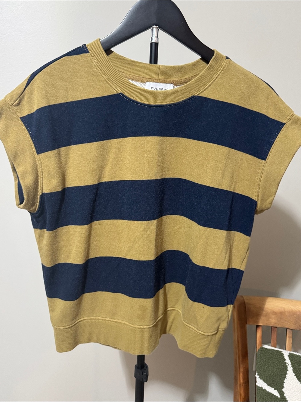 EVER EVE Striped Short Sleeve Sweatshirt Top M Mustard Navy - Picture 2 of 7